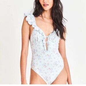 Loveshackfancy Floral Ruffle One Piece Swimsuit - Light Blue